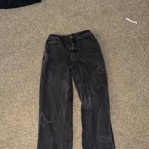 Hollister Womens Ultra High Rise Dad Jeans Sz w25R Black Denim Faded Butterflies